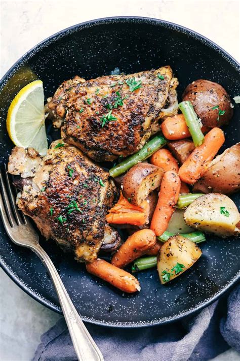 3 elements for the best shredded chicken. Slow Cooker Lemon Garlic Chicken Thighs and Veggies ...