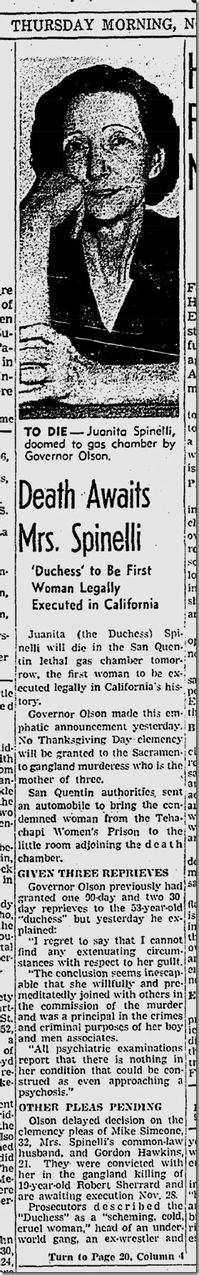 Juanita spinelli on wn network delivers the latest videos and editable pages for news & events, including entertainment, music, sports, science and more, sign up and share your playlists. California Prepares to Execute Juanita 'The Duchess' Spinelli, Nov. 20, 1941