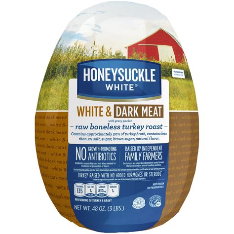 Perfect for smaller gatherings, our stuffed boneless turkey breast roasts are easy to cook, easy to carve, and packed full of delicious stuffing. Honeysuckle White® Frozen White & Dark Meat Boneless ...
