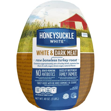 Boneless turkey roast frozen, seasoned, light and dark meat, roasted 1/4 box (net weight, 0.43 lb) 303.8 calories 6.0 g 11.3 g 41.8 g. Honeysuckle White® Frozen White & Dark Meat Boneless ...