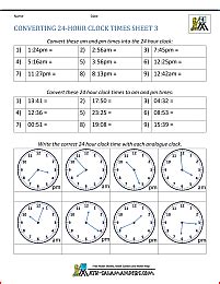 A usage example showing the 12 hour clock vs military time would be a time table showing 4:00 pm to 12:00 midnight. 24 Hour Clock Conversion Worksheets