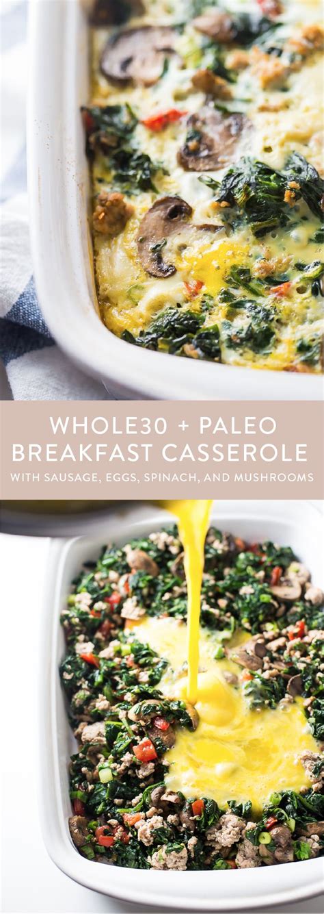 This might just become your new favorite paleo breakfast bake! Whole30 Breakfast Casserole with Sausage, Eggs, Spinach ...