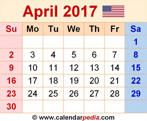 Preview in download al kalendermalplaatjes afdrukken thuis of op het werk. April 2017 - calendar templates for Word, Excel and PDF