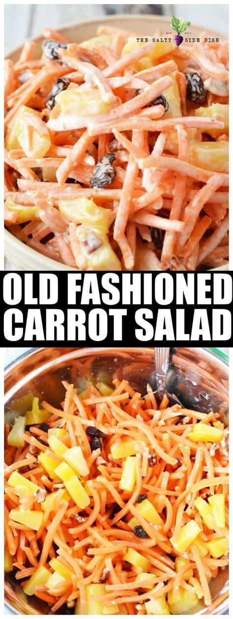 A classic, cold salad made from carrots, raisins and pineapple, sometimes coconut and peanuts, and dressed with a sweetened mayonnaise. Pin on Side Dishes