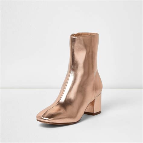 Shop 82 top studded cowboy boots and earn cash back all in one place. River Island Rose Gold Block Heel Ankle Boot in Brown - Lyst