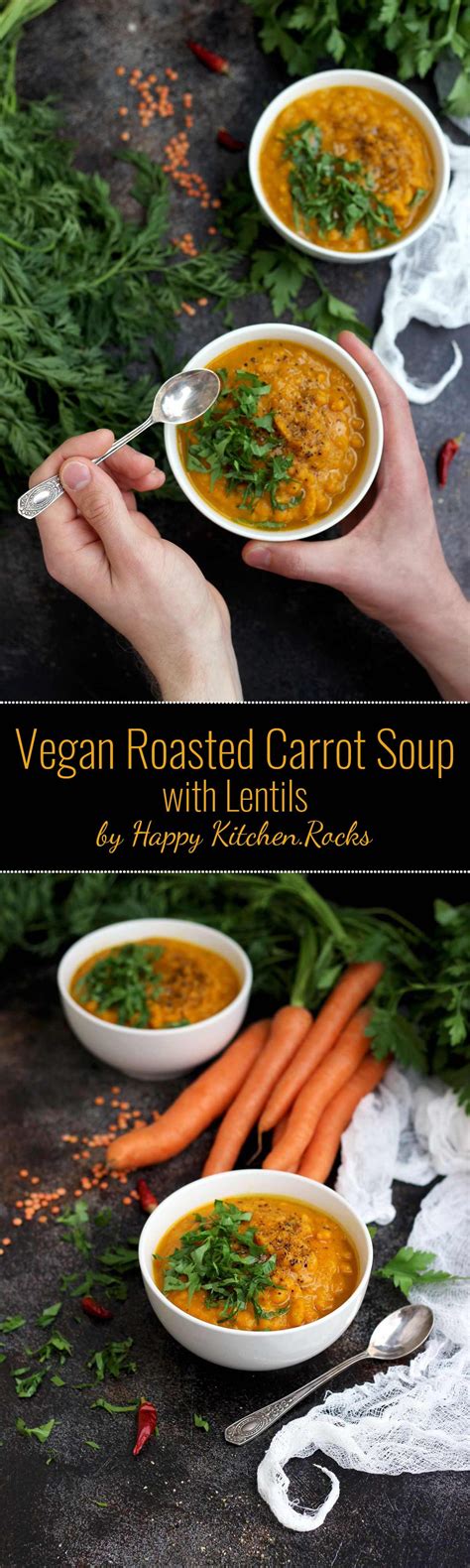 Create a batch of creamy parsnip and carrot soup for a warming lunch or supper. Easy and delicious Vegan Roasted Carrot Soup with lentils and Moroccan spices. This velvety ...