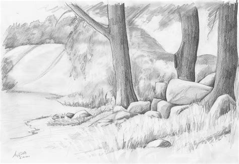 Provides drawings of landscapes, plants, animals, and other aspects ol nature accompanied in comments from the artist on how and why he drew shows a variety of drawings of landscapes, buildings, and architectural details, and offers advice on papers, pencils, and erasers, as well as. Pencil drawing of a landscape with megalithic grave ...