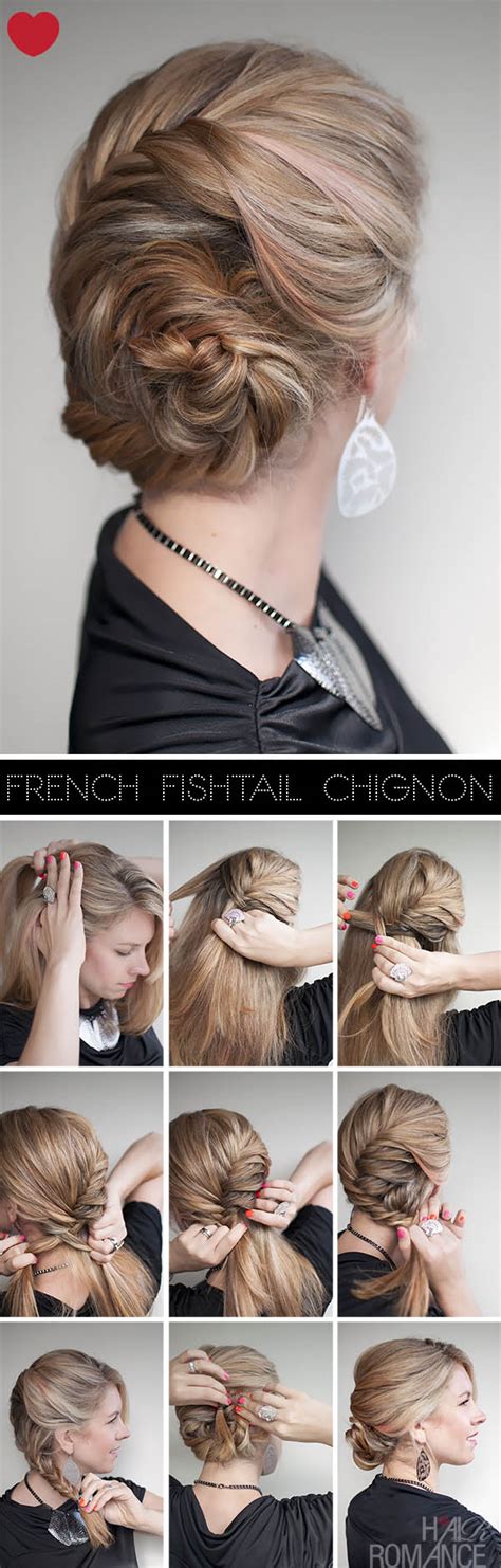 Move it over the other left strand, and take when you come to the end, hold the braid in place with a hair tie. Hairstyle tutorial - French fishtail braid chignon - Hair ...
