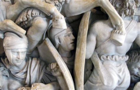 Battle of the romans and barbarians (ludovisi battle sarcophagus), c. Ludovisi Battle Sarcophagus, detail with Roman framed by s ...