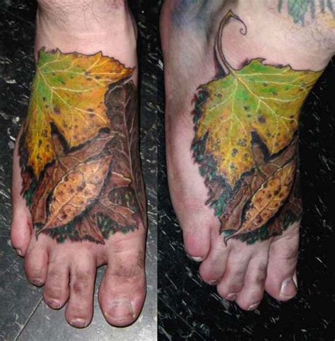 This tattoo is a family quote that represents a lot of love. Autumn leaves color foot tattoo by Paul Booth: TattooNOW