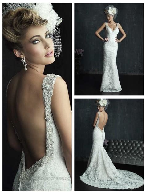 An elegantly classic lace gown is finished with a sultry deep v neckline for a modern finish to an elegant style. Beaded Straps Plunging Neckline Wedding Dresses With Low ...