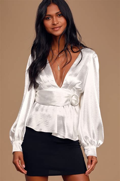 White petite smudge spot print peplum blouse. Sexy White Top - White Satin Top - Belted Top - V-Neck ...