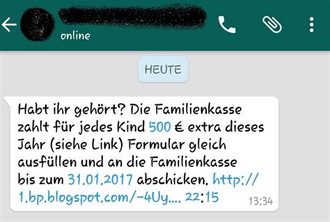 Ein whatsapp kettenbrief zum ankreuzen oder ausfüllen kann eine gute möglichkeit sein, jemanden über whatsapp und co indirekt unangenehme fragen zu stellen, die man der person schon immer mal stellen wollte aber sich nicht getraut hat. WhatsApp-Fake: 500 € extra von der Familienkasse - Anti ...