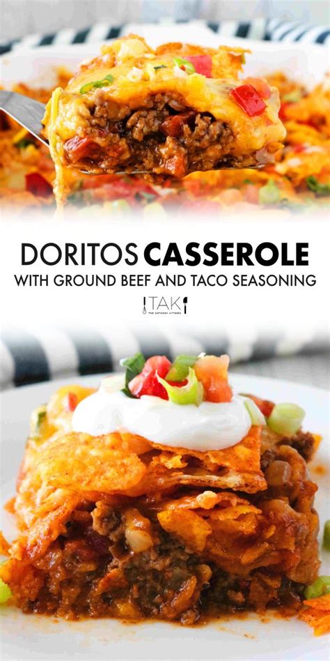 Cooked ground beef, cream of chicken soup, enchilada sauce, and milk get mixed together and poured over crushed, flavored tortilla chips in this combination of snack and mexican foods. Doritos Casserole | Recipe in 2020 | Dorito casserole ...