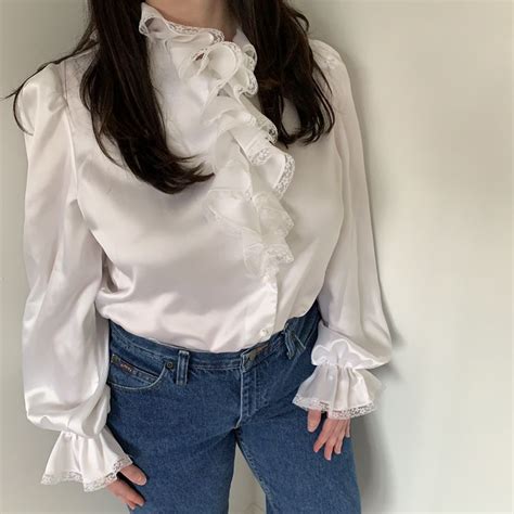 White blouses black blouses satin blouses blouses for work short sleeve blouses pink blouses leopard print blouses green blouses long sleeve blouses going out tops high neck blouses v neck blouses summer blouses grey blouses. Vintage 80s 90s Ruffle White Satin Blouse Shirt... - Depop | White satin blouse, Satin blouse ...