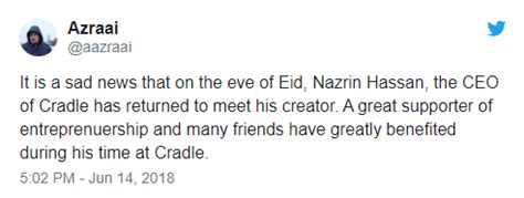 According to a family friend, mr nazrin had complained of a migraine that afternoon and went to bed after taking some medication. M'sian Startup Community Mourns Loss Of Cradle CEO Nazrin Hassan