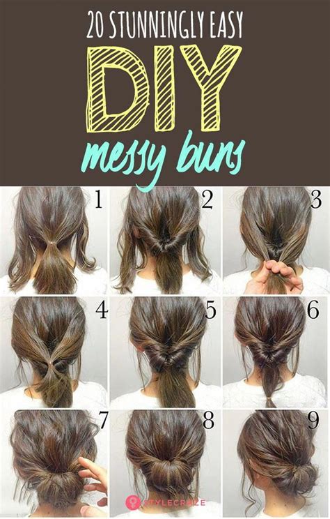Short hair styles up perfectly in this cute tiny bun secured above the nape of the neck, a small section of hair left loose on one side of the head. Cute messy short hairstyles #womenhairstyles in 2020 ...