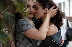 lesbian happy kissing attractive positive couple girls wearing each other preview