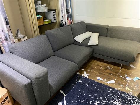 A large red sofa with colorful cushions in a white room. Big Ikea Sofa, FREE!, 傢俬＆家居, 傢俬 - Carousell