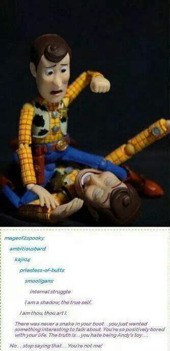 The toy story films are filled with hilarious and heartwarming moments, usually accompanied by some great quotes. Hahahaha | Toy story funny, Creepy woody, Funny pictures