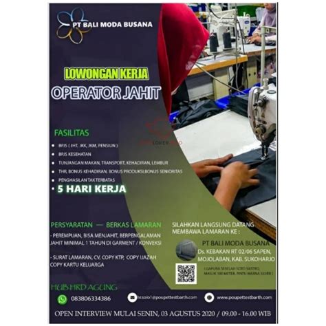 Info lowongan kerja terbaru 2020 informasi lowongan kerja tahun 2020 di bank bumn cpns migas kai telkom pertambangan cs teller untuk lulusan sma smk man d3 s1 s2 terbaru. Lowongan Kerja Operator PT Bali Moda Busana - INFO LOKER SOLO