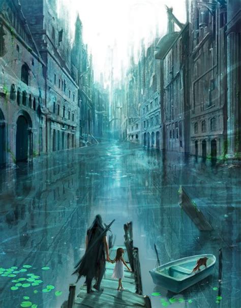 Towns and villages flooded by the creation of dams, destroyed by the advancing sea, or washed away in floods and never rebuilt. Flooded City | Fantasy landscape, Fantasy places, Fantasy