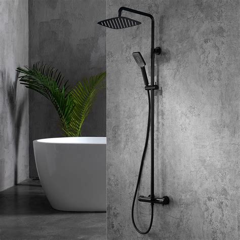 Shower system black, shower faucet set complete rain shower head with handheld shower, bathroom wall mounted rain shower fixture with handheld kit (round black shower 12''+ rough valve) Luxury Modern Exposed Rainfall Thermostatic Shower System ...