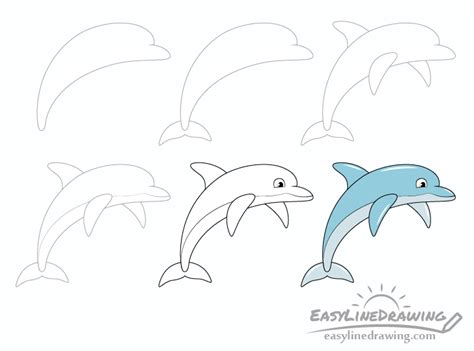 Start by drawing the outline shape of the dolphin's body. How to Draw a Dolphin Step by Step - EasyLineDrawing