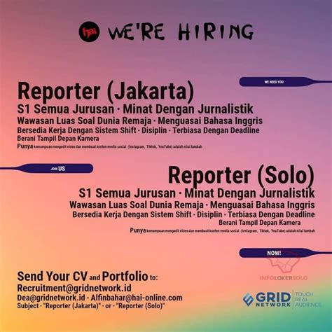 Loker semarang lowongan pekerjaan adalah jenis lapangan pekerjaan yang tersedia informasi loker yang kami berikan terlebih dahulu di filter atau selalu di cari terlebih dahulu kebenarannya, sehingga lowongan. Lowongan Kerja Reporter Grid Network di Solo - INFO LOKER SOLO