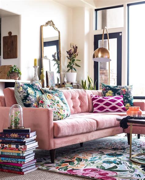 Spruce up any living space with a stylish area rug. Family room with pink velvet Joybird Elliot sectional ...