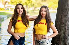 women twins sisters model brunette hair rankin jean christopher shorts belly crop smiling wallpaper touching models outdoors hips viewer hoop