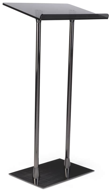 This simple podium features a smoked gray acrylic top surface. Acrylic Podium with Steel Poles, Smoked Gray Top Surface ...