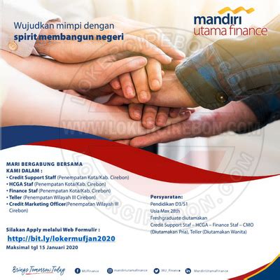 Mandiri utama finance memperluas pelayanan pembiayaan kendaraan dengan skema skema syariah. Lowongan kerja PT. Mandiri Utama Finance Cirebon