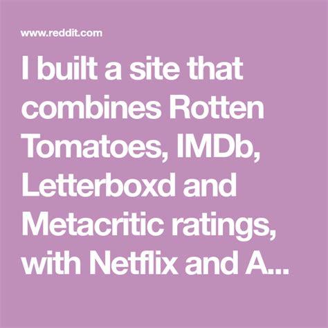 Rotten tomatoes is collecting every new certified fresh movie into one list, creating our guide to the best movies of 2021. I built a site that combines Rotten Tomatoes, IMDb ...