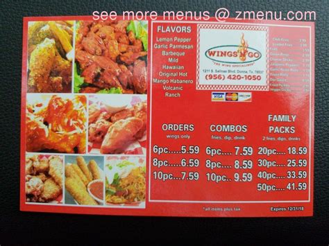 Servers are dressed in crisp white shirts with black ties and long, black aprons. Online Menu of Wings-N-Go Restaurant, Donna, Texas, 78537 ...